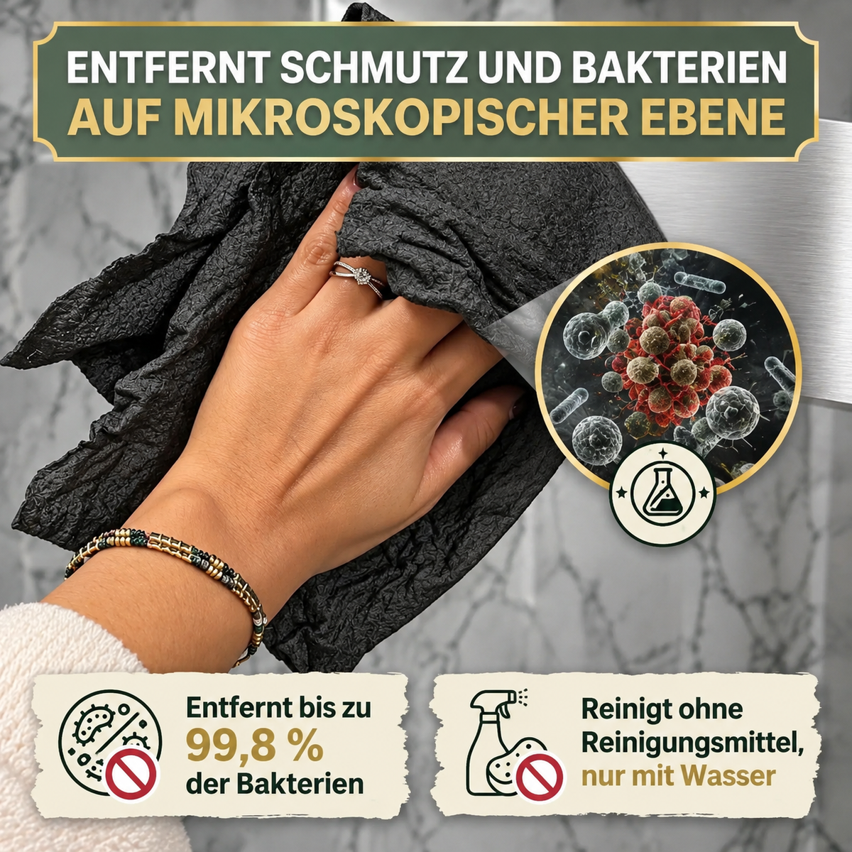 Velunara Reinigungstuch beim streifenfreien Säubern einer Glasfläche